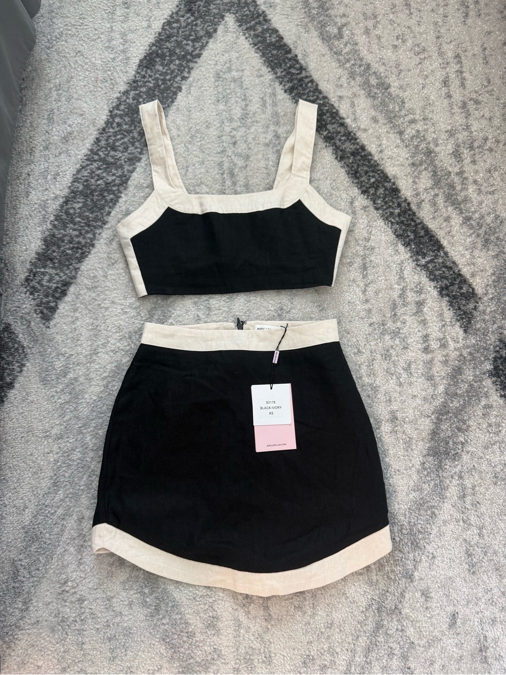 Avec Les Filles Black and Cream Two-Piece Mini Skirt Set
